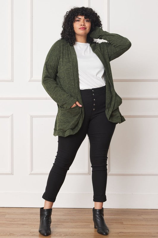 EG FASHION Plus-size Olive Solid Drape Pocket Cardigan