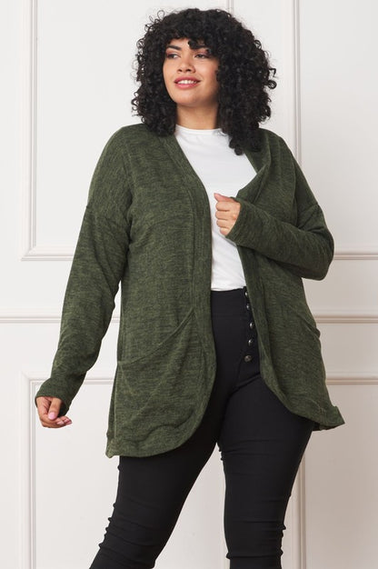 EG FASHION Plus-size Olive Solid Drape Pocket Cardigan