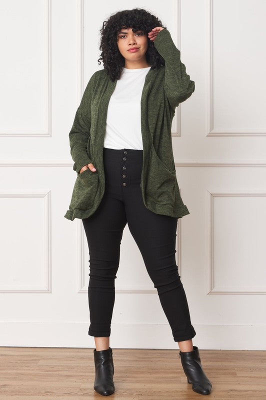 EG FASHION Plus-size Olive Solid Drape Pocket Cardigan