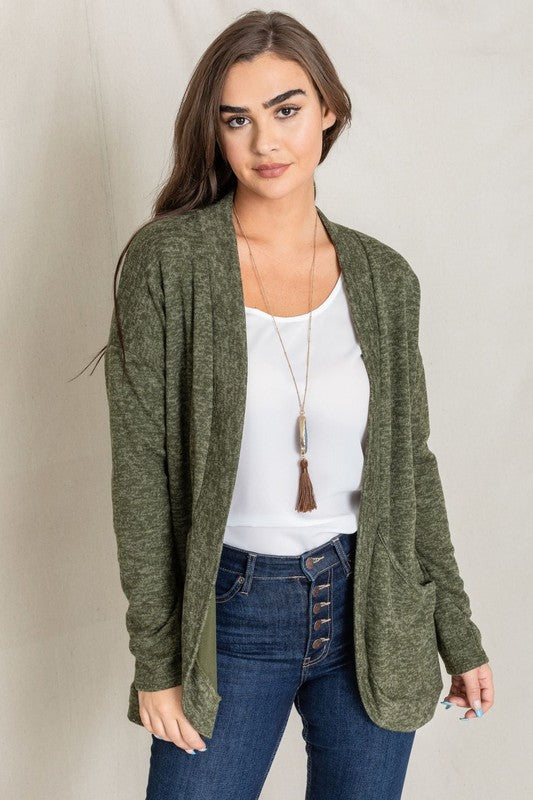 EG FASHION Plus-size Olive Solid Drape Pocket Cardigan