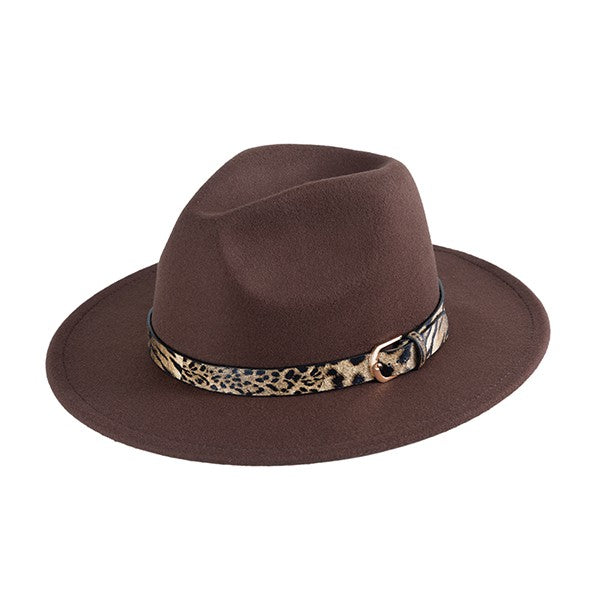 LEOPARD PU BUCKLE BAND FEDORA HAT