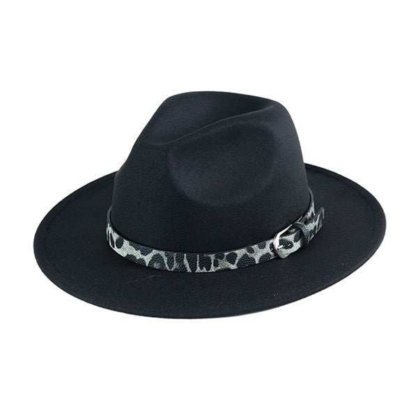 LEOPARD PU BUCKLE BAND FEDORA HAT