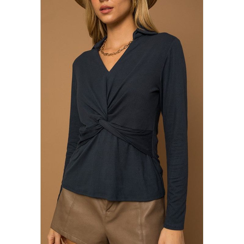 GILLI Long Sleeve Collared Front Knot Top