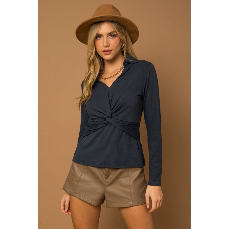 GILLI Long Sleeve Collared Front Knot Top