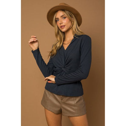 GILLI Long Sleeve Collared Front Knot Top