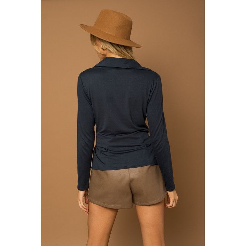 GILLI Long Sleeve Collared Front Knot Top