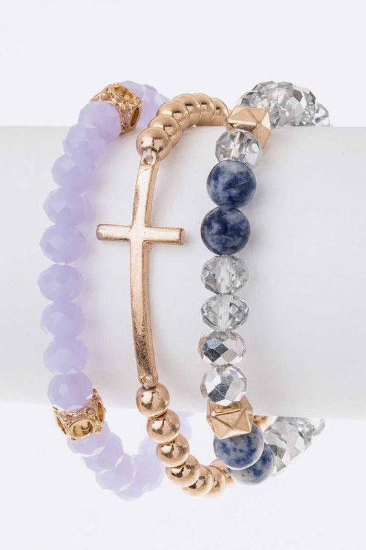 LA JEWELRY Cross Charm Layered Stretch Bracelet Set