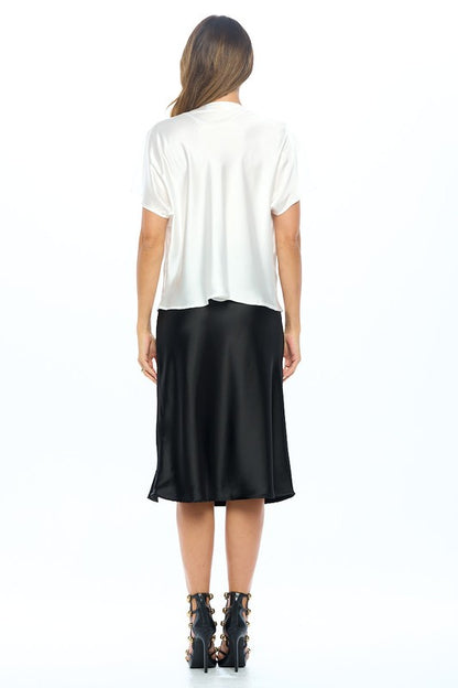 RENEE C. White Satin Cowl Neck Short Sleeve Blouse