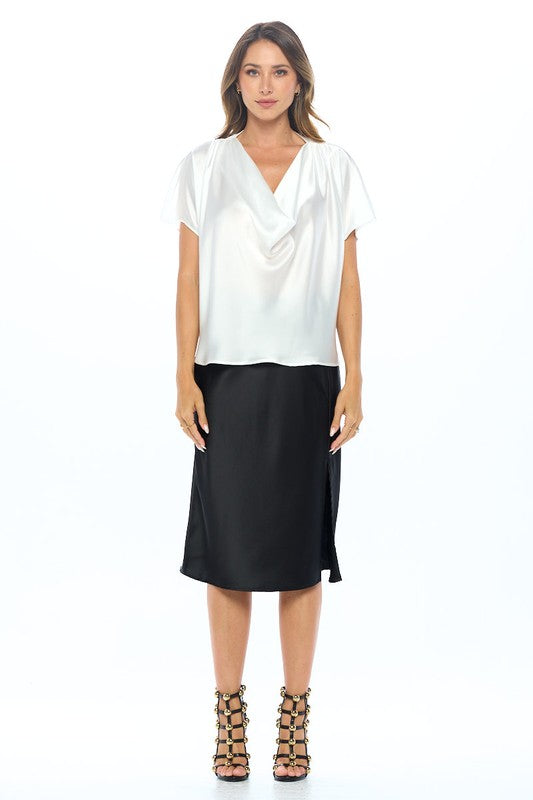 RENEE C. White Satin Cowl Neck Short Sleeve Blouse