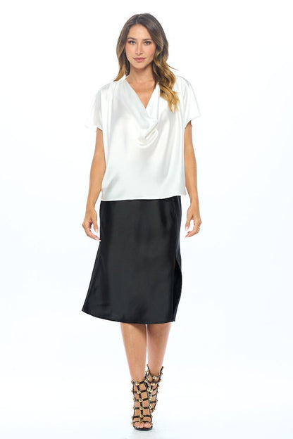 RENEE C. White Satin Cowl Neck Short Sleeve Blouse