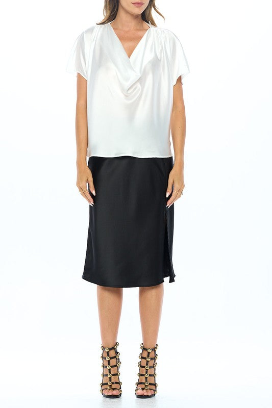 RENEE C. White Satin Cowl Neck Short Sleeve Blouse