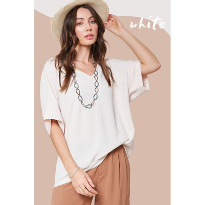 LA MIEL-Vanessa Top- Textured Loose Fit V-neck Top