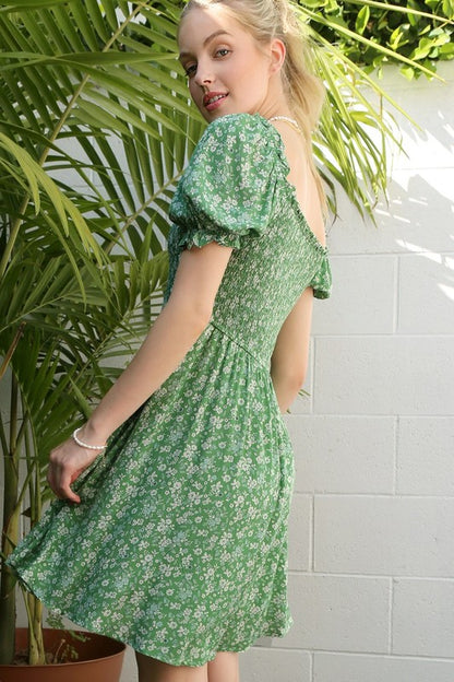 LILOU Green Floral Smocked Summer Dress