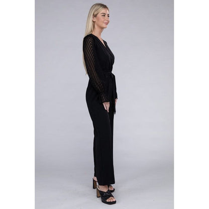 NUVI APPAREL Sheer sleeve and Wide leg Jumpsuit