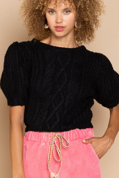 POL Chic Puff Sleeve Cable Knit Pullover Sweater