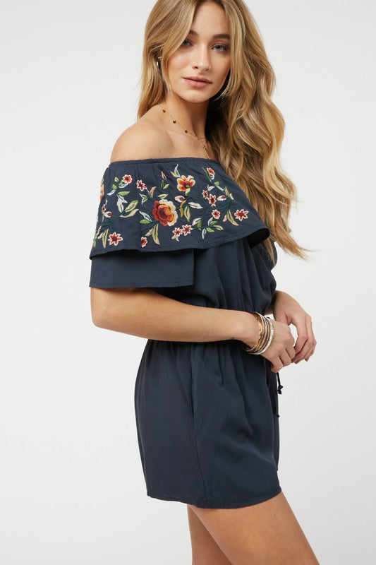 DAVI & DANI Floral Embroidered Off Shoulder Romper