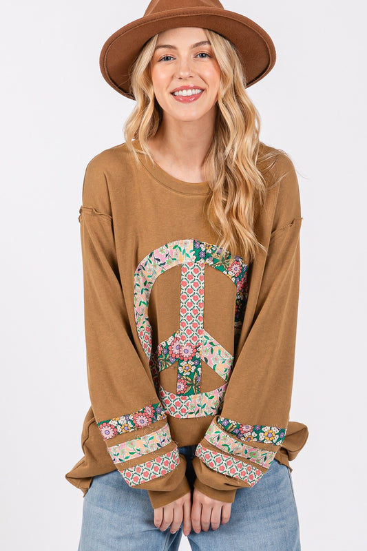 SAGE + FIG Bronz Peace Applique Patch Long Sleeve Sweatshirt