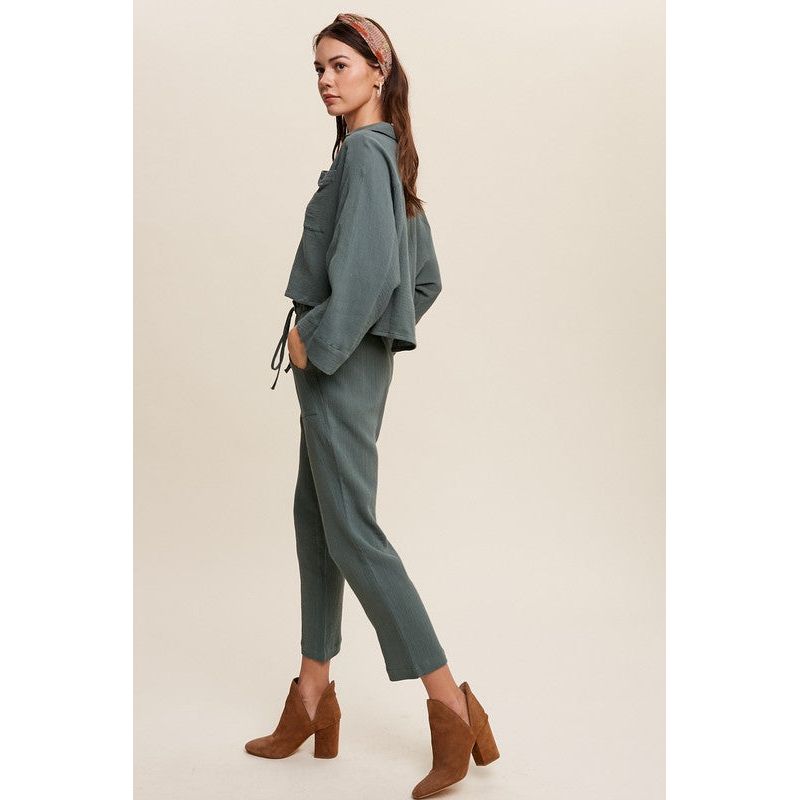 Listicle 2 Piece Women's Long Sleeve Button Down Shirt and Long Pants Sets