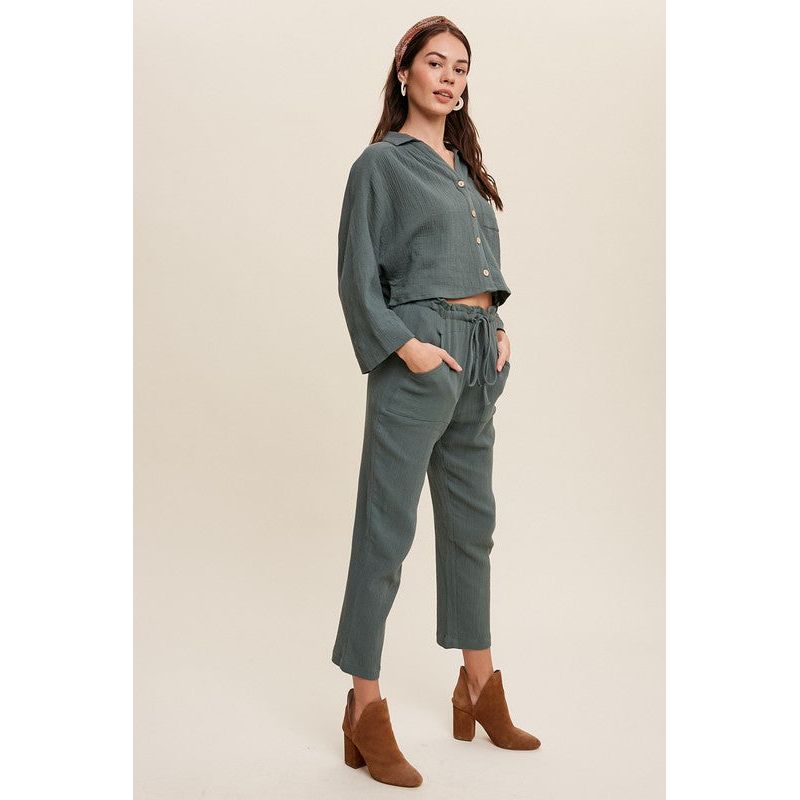 Listicle 2 Piece Women's Long Sleeve Button Down Shirt and Long Pants Sets