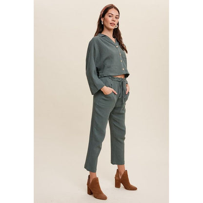 Listicle 2 Piece Women's Long Sleeve Button Down Shirt and Long Pants Sets