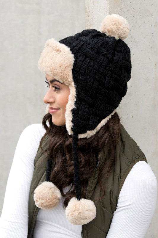 AILI'S CORNER Cable Weave Pom Trapper Hat