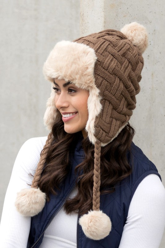 AILI'S CORNER Cable Weave Pom Trapper Hat