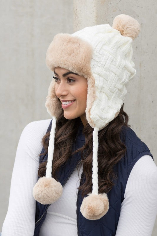 AILI'S CORNER Cable Weave Pom Trapper Hat