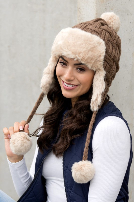 AILI'S CORNER Cable Weave Pom Trapper Hat