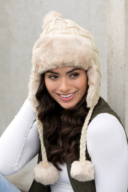 AILI'S CORNER Cable Weave Pom Trapper Hat