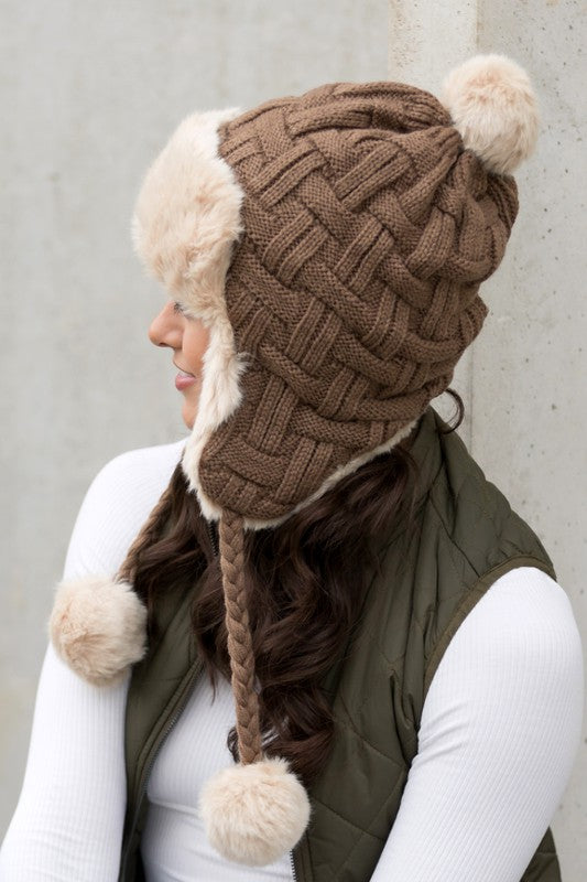 AILI'S CORNER Cable Weave Pom Trapper Hat