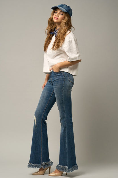 MID-RISE WIDE ELASTIC BANDED FLARE JEANS