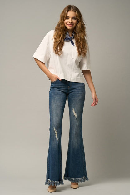 MID-RISE WIDE ELASTIC BANDED FLARE JEANS