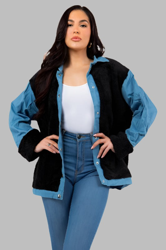 CLAUDE Faux Denim Jacket with Fleece Detail