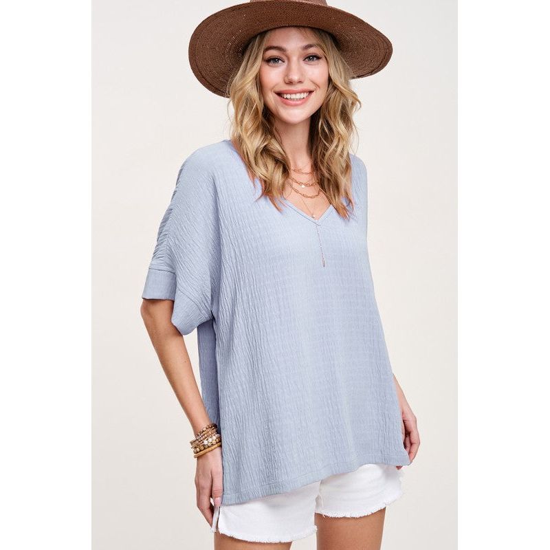 LA MIEL-Vanessa Top- Textured Loose Fit V-neck Top