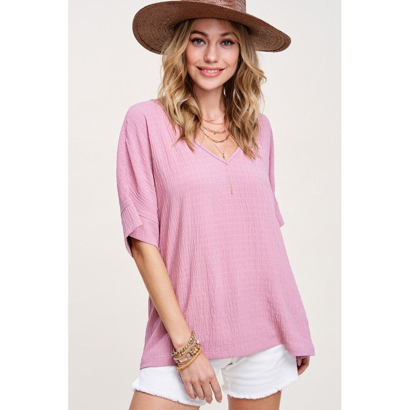 LA MIEL-Vanessa Top- Textured Loose Fit V-neck Top