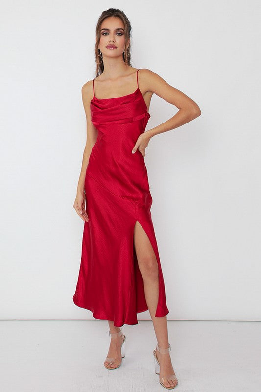 ONE & ONLY COLLECTIVE Wine Romantic Satin Side Slit Midi Dress with Split