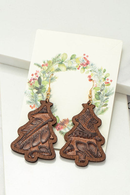 wood Christmas tree earrings with leather inlay