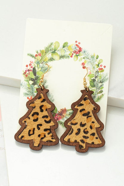 wood Christmas tree earrings with leather inlay