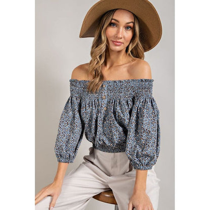 EESOME Animal Print Smocked Off-the-Shoulders Top