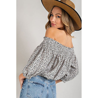 EESOME Animal Print Smocked Off-the-Shoulders Top