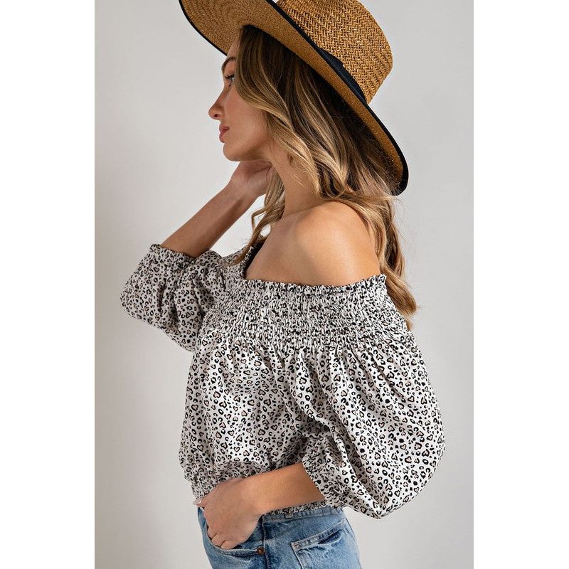 EESOME Animal Print Smocked Off-the-Shoulders Top