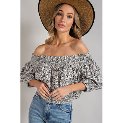 EESOME Animal Print Smocked Off-the-Shoulders Top