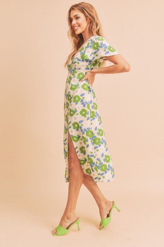 AEMI & Co. Casual Fun Floral Midi Dress with Front Split - Inessa Dress