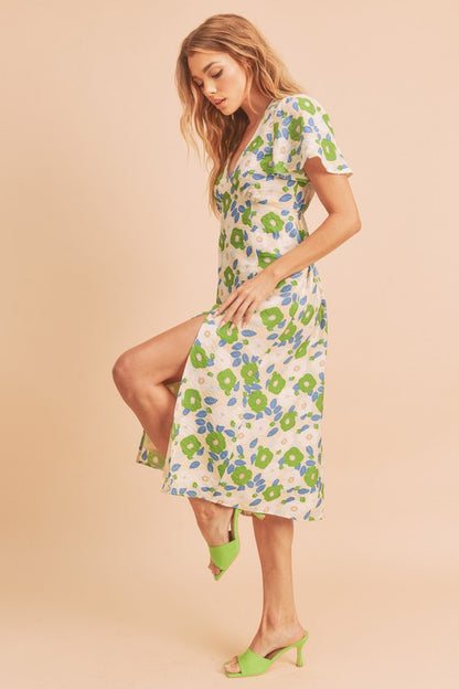 AEMI & Co. Casual Fun Floral Midi Dress with Front Split - Inessa Dress