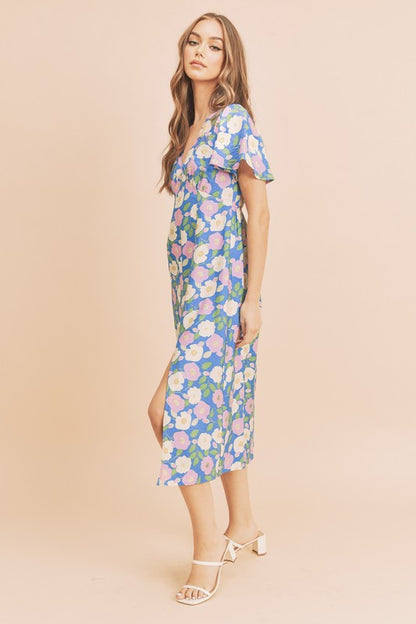 AEMI & Co. Casual Fun Floral Midi Dress with Front Split - Inessa Dress