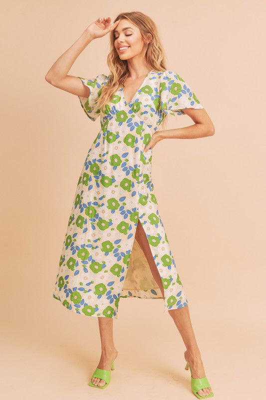 AEMI & Co. Casual Fun Floral Midi Dress with Front Split - Inessa Dress