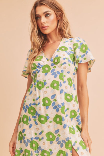 AEMI & Co. Casual Fun Floral Midi Dress with Front Split - Inessa Dress