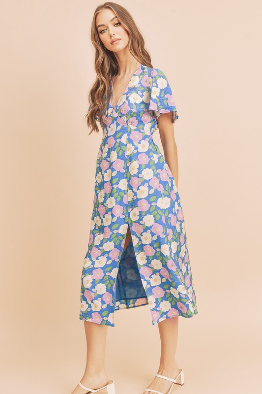 AEMI & Co. Casual Fun Floral Midi Dress with Front Split - Inessa Dress