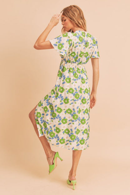 AEMI & Co. Casual Fun Floral Midi Dress with Front Split - Inessa Dress