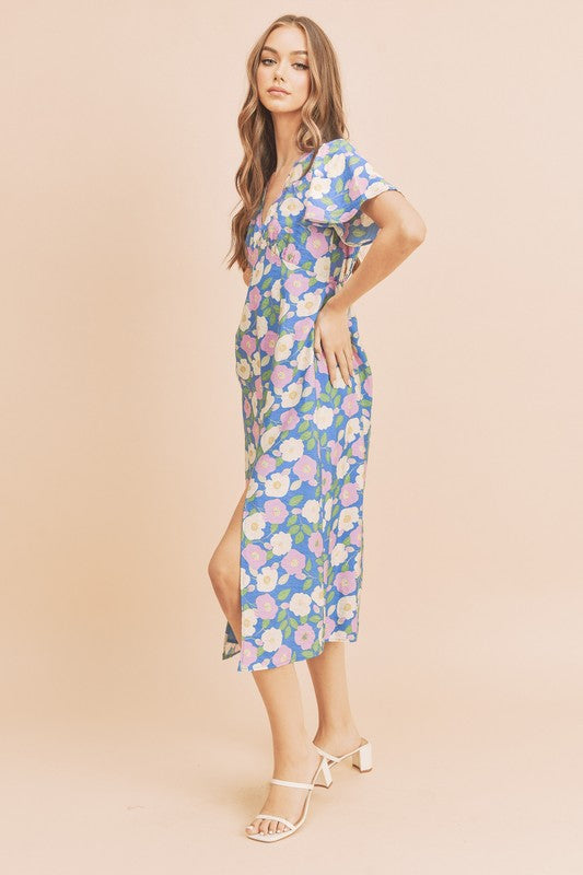 AEMI & Co. Casual Fun Floral Midi Dress with Front Split - Inessa Dress